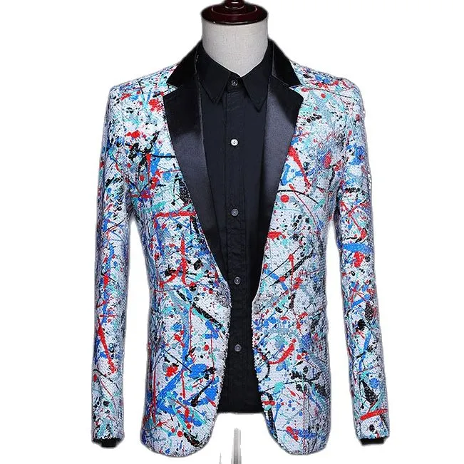 Luxury Men's Shiny Sequin Floral Slim Wedding Party Singer Jacket