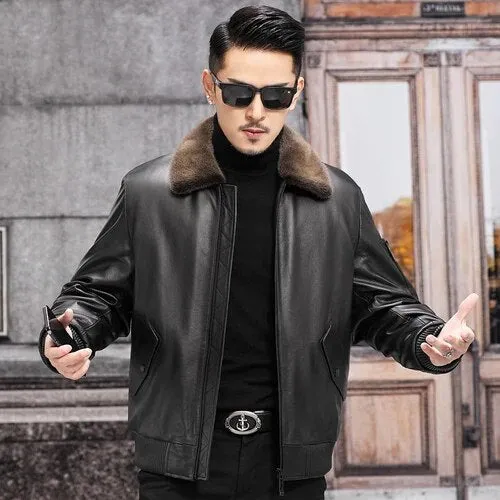 Men's Leather Winter Jacket with Mink Fur Collar and Zipper 