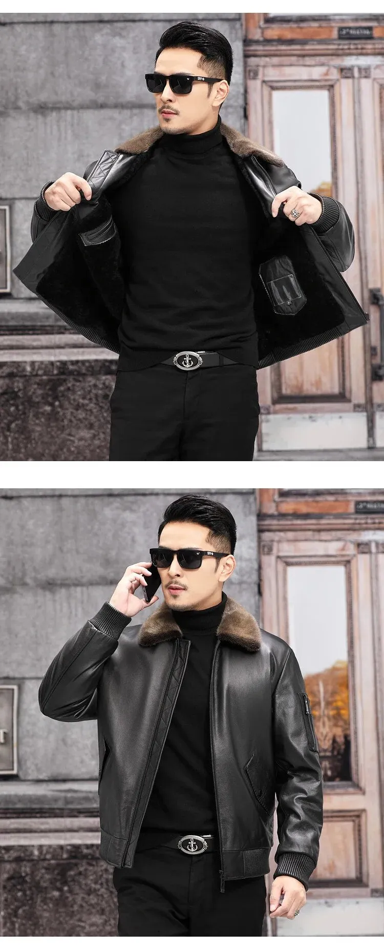 Men's Leather Winter Jacket with Mink Fur Collar and Zipper 