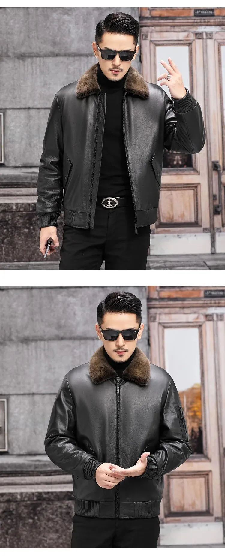 Men's Leather Winter Jacket with Mink Fur Collar and Zipper 