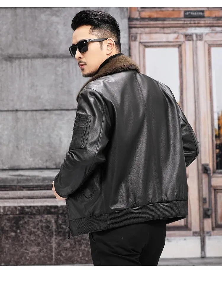 Men's Leather Winter Jacket with Mink Fur Collar and Zipper 