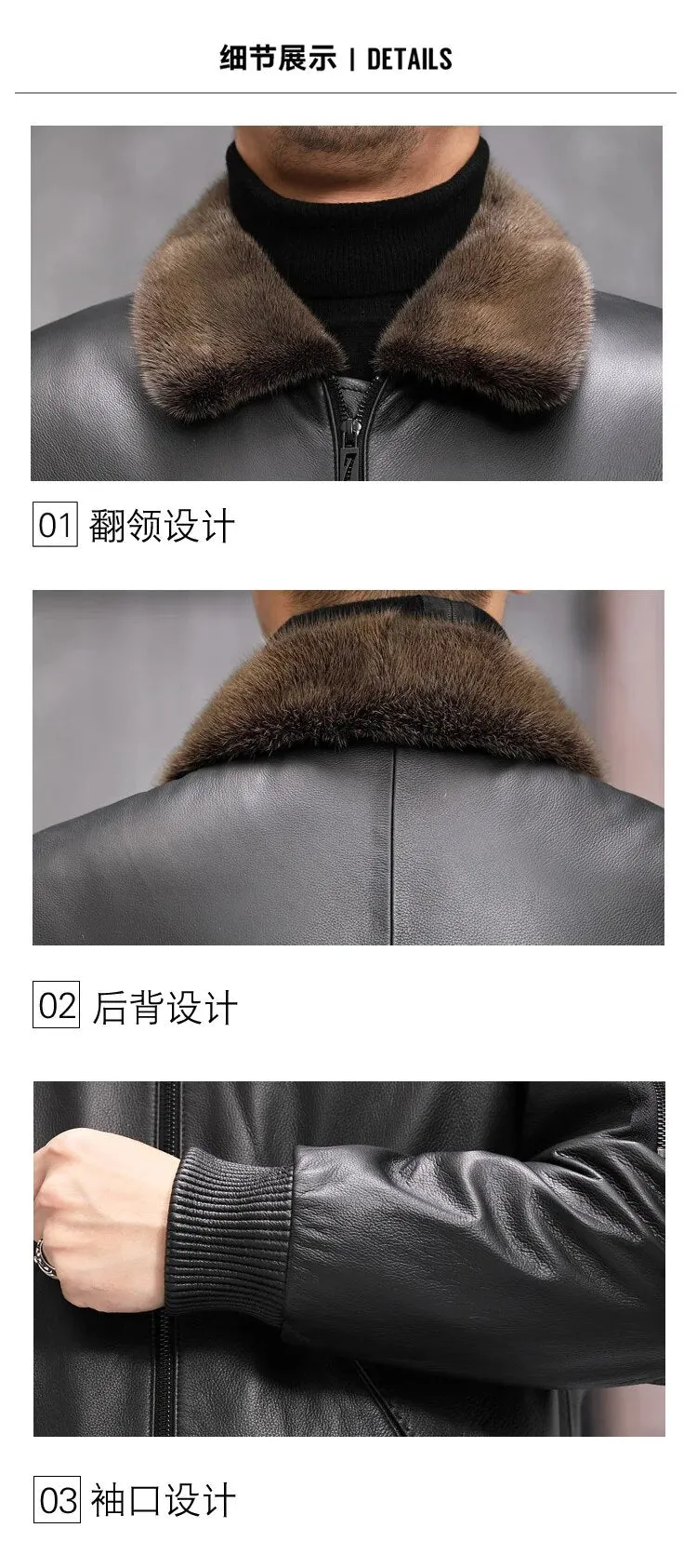 Men's Leather Winter Jacket with Mink Fur Collar and Zipper 