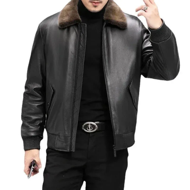 Men's Leather Winter Jacket with Mink Fur Collar and Zipper 