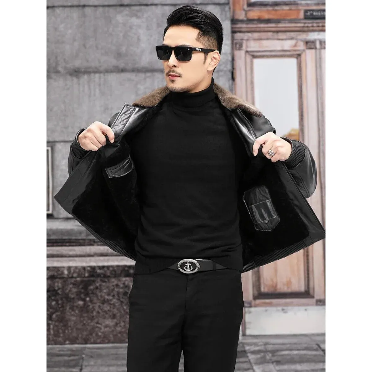 Men's Leather Winter Jacket with Mink Fur Collar and Zipper 