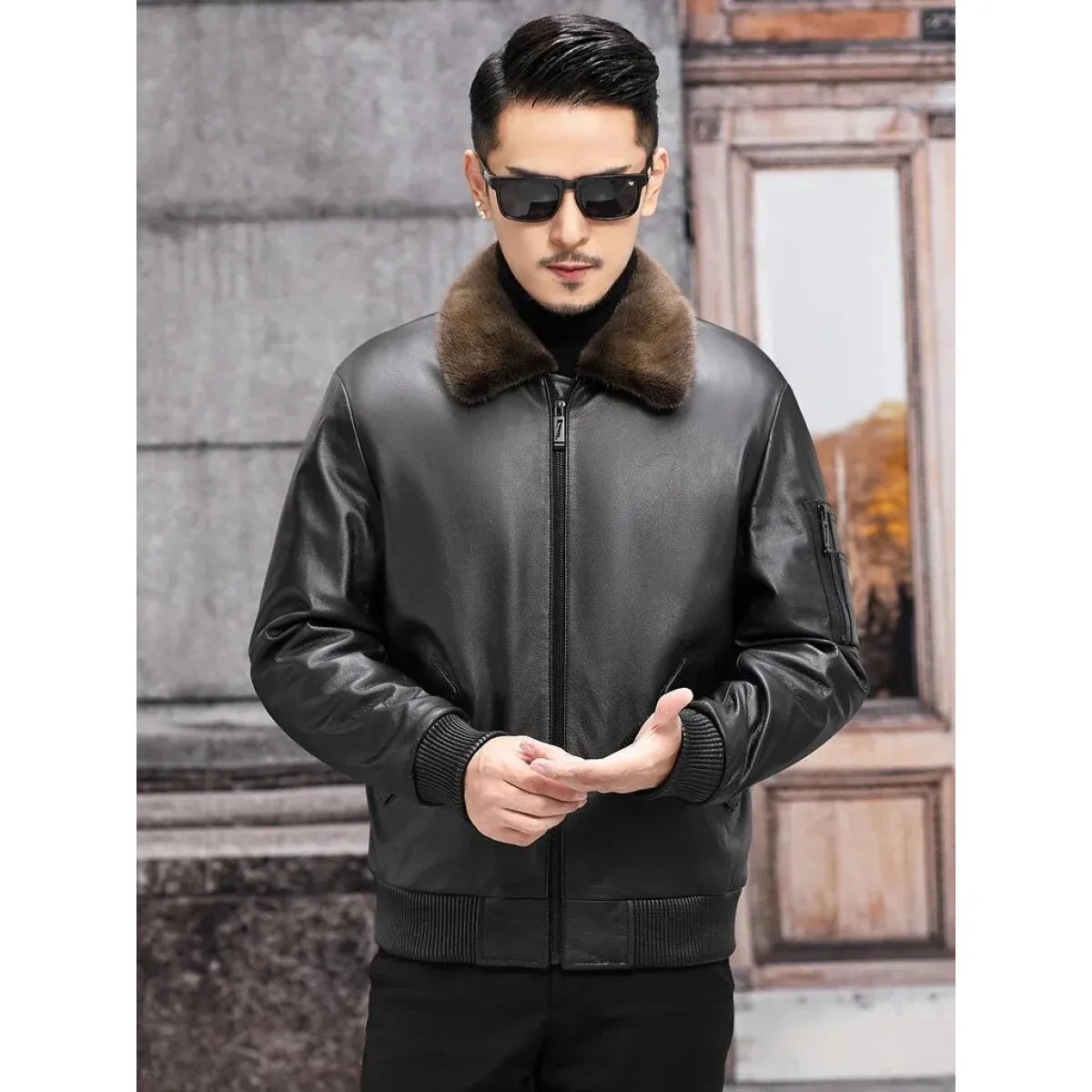 Men's Leather Winter Jacket with Mink Fur Collar and Zipper 