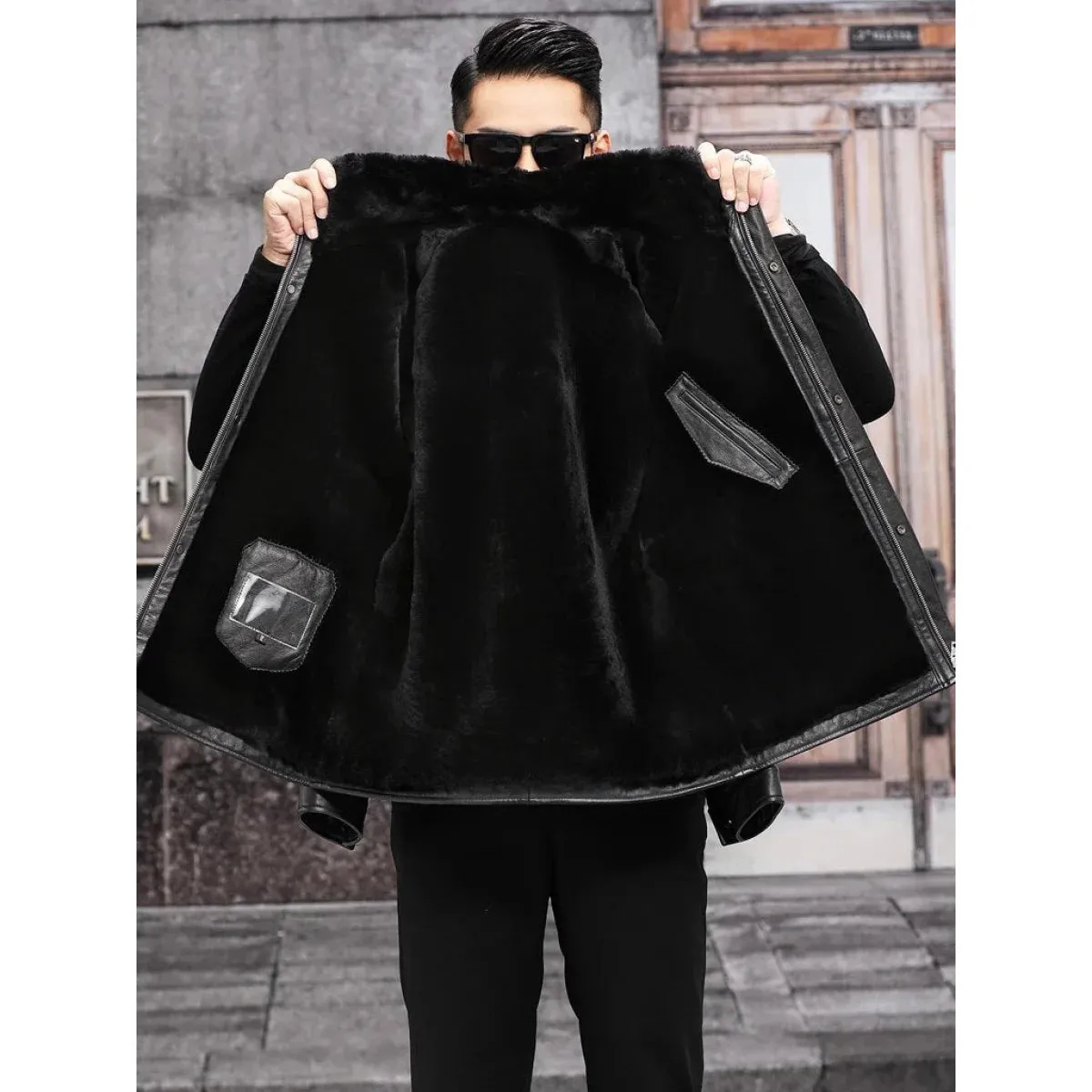 Men's Leather Winter Jacket with Mink Fur Collar and Zipper 