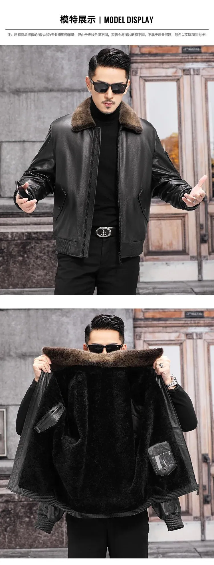 Men's Leather Winter Jacket with Mink Fur Collar and Zipper 