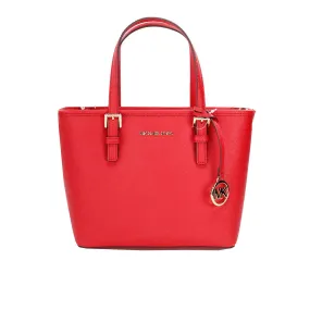 Michael Kors Jet Set Bright Red Leather XS Carryall Top Zip Tote Bag Purse