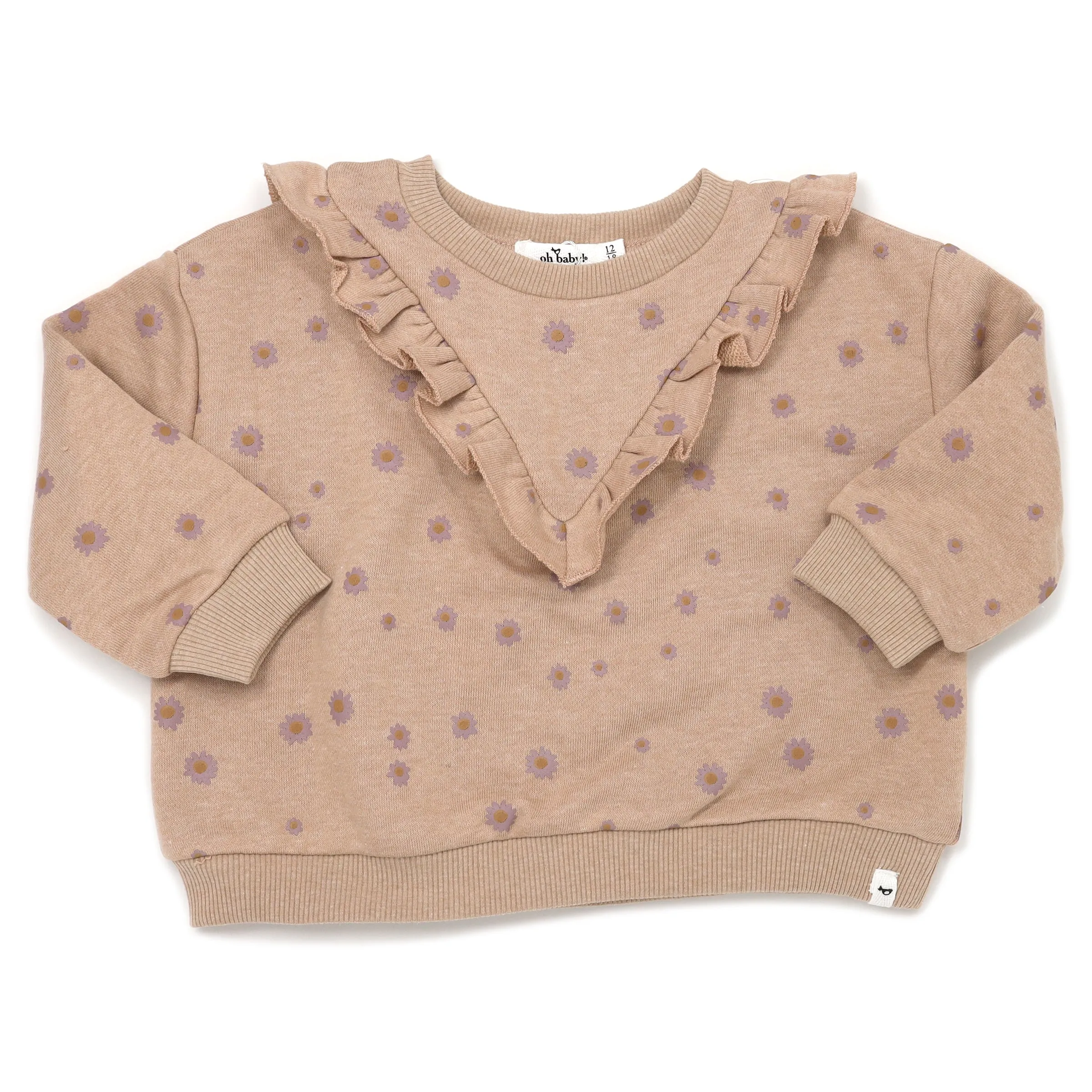 Mini Daisies V-Ruffle Boxy Sweatshirt - Latte, Baby Pink