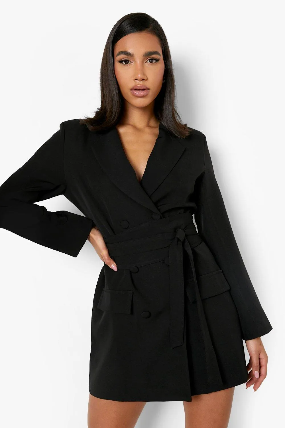 Obi Tie Waist Pocket Detail Blazer Dress