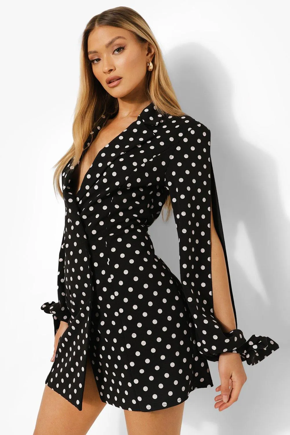 Polka Dot Split Sleeve Blazer Dress