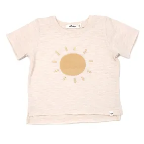 Raw Edge Short Sleeve Cotton Slub Tee - Sun Applique - Sand Heather