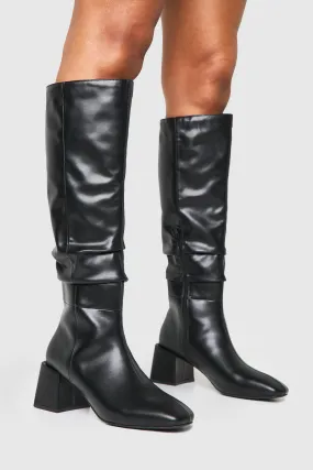 Ruched Slouch Block Heel Knee High Boots