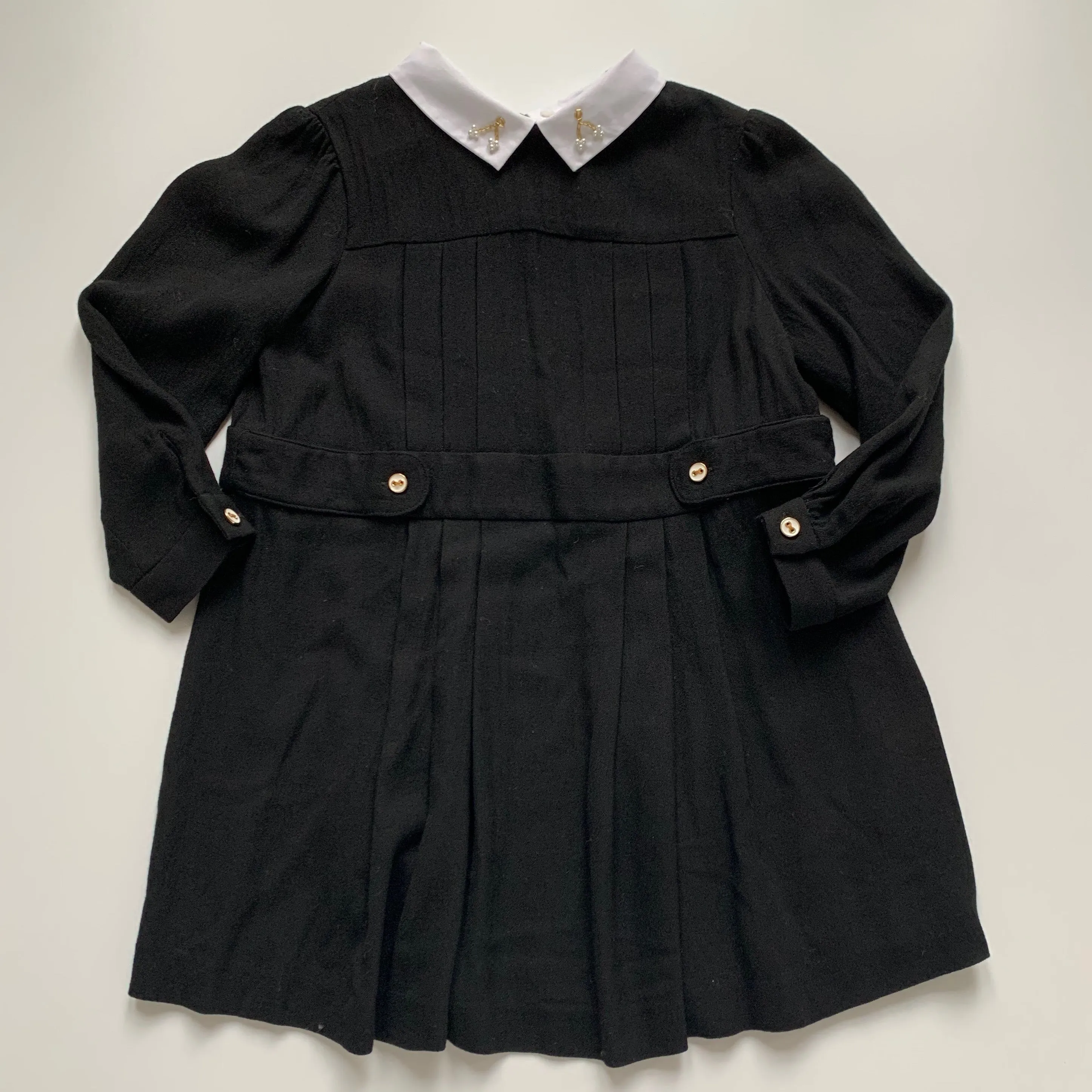 Shop Bonpoint Black Crepe Pleated Dress With Embroidered Collar in Size 10 Years