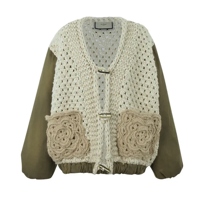 Short Wool Cardigan Green Beige Women - Shop Now!