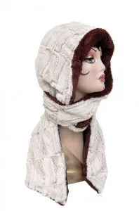 Soft Faux Fur Hoody Scarf in Porcelain White with Chocolate Luxury