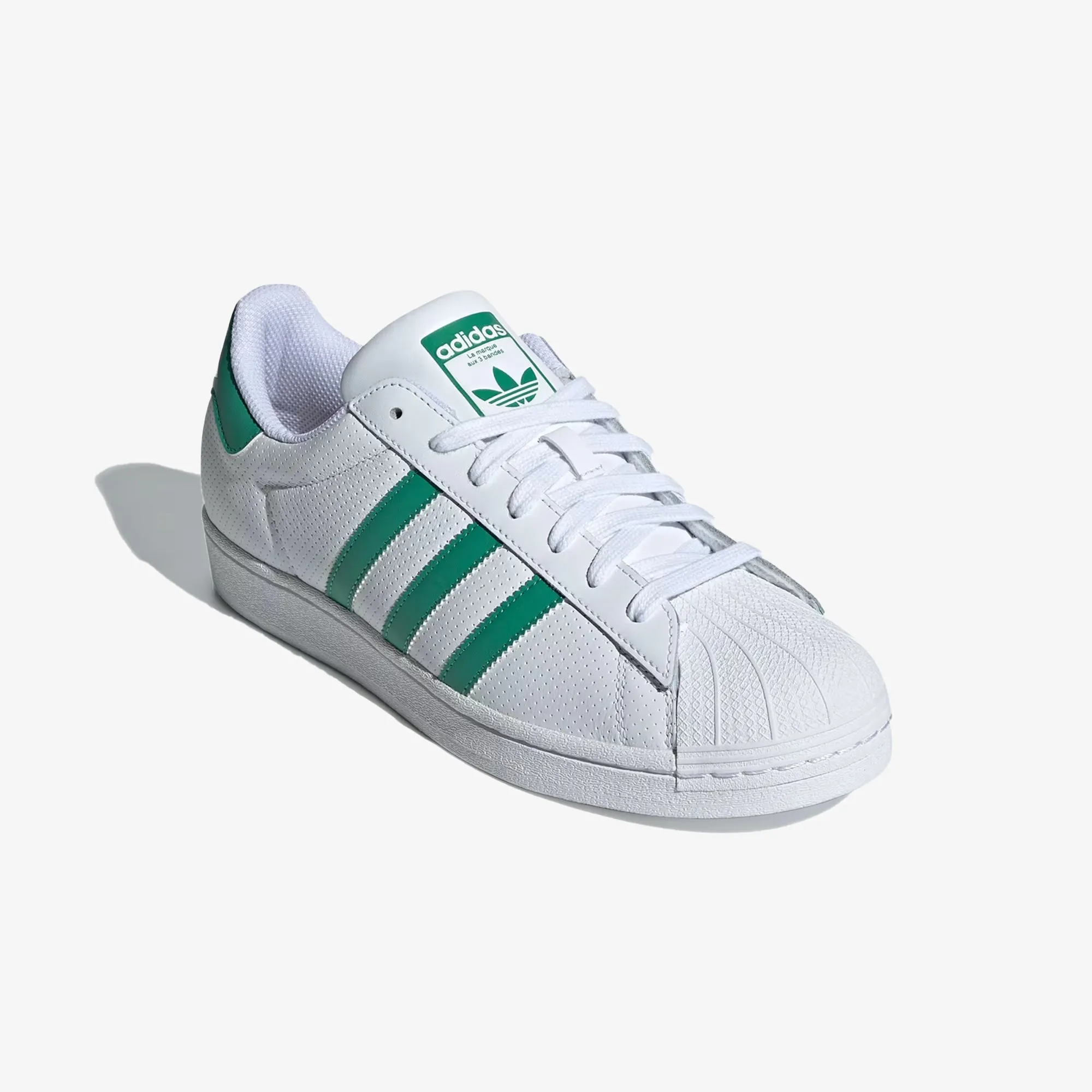 Superstar Shoes in Cloud White, Semi Court Green, and Off White