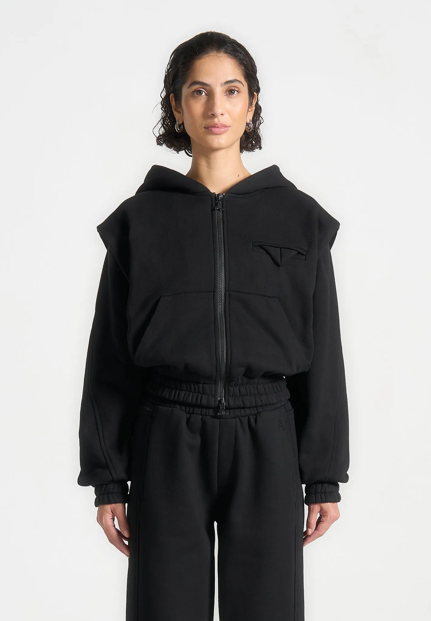 ternelle Wide Shoulder Zip Through Hoodie - Black