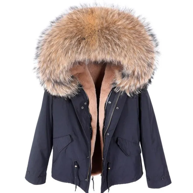 Thick Warm Long-Sleeved Winter Jacket with Natural Raccoon Fur Collar for Women