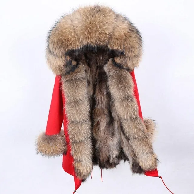 Thick Women's Winter Jacket with Hood and Natural Raccoon Fur Collar