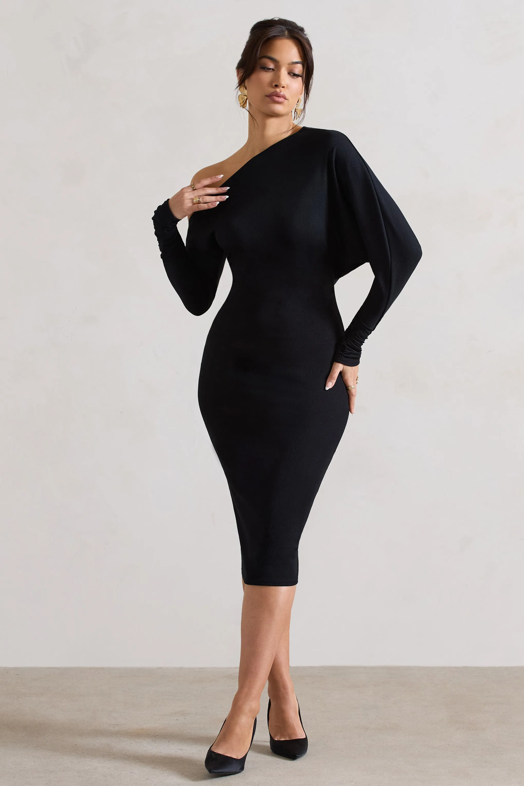 Thora Black Rib Knit One-Shoulder Midi Dress