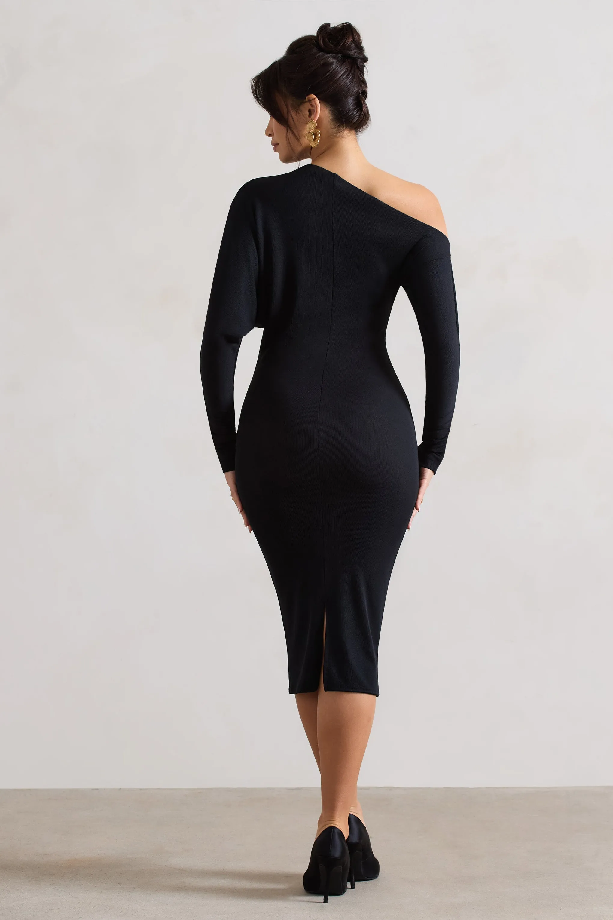 Thora Black Rib Knit One-Shoulder Midi Dress