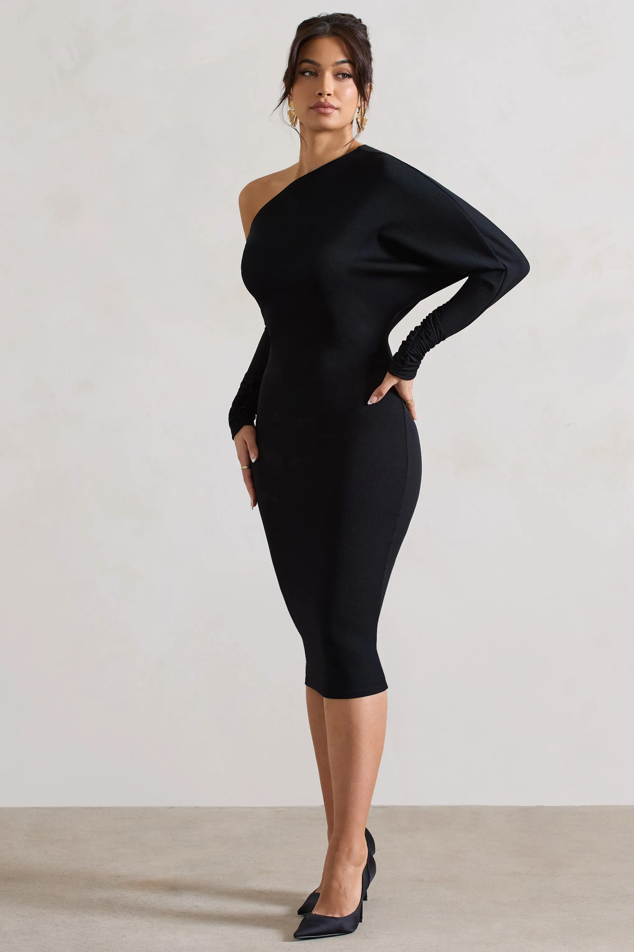 Thora Black Rib Knit One-Shoulder Midi Dress