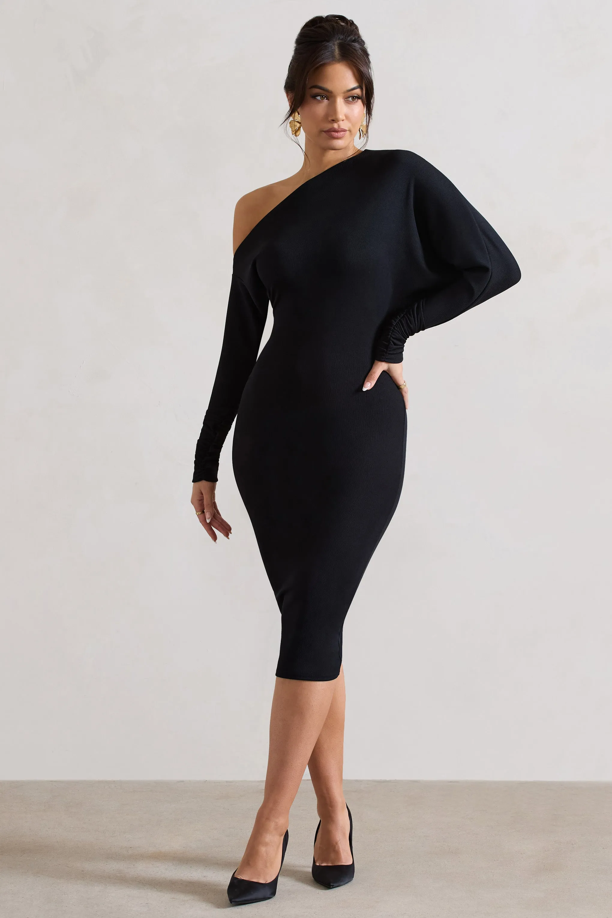 Thora Black Rib Knit One-Shoulder Midi Dress