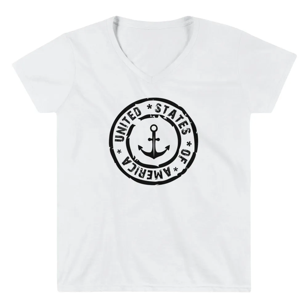 USA Design - Women's Casual V-Neck Shirt with Anchor Design