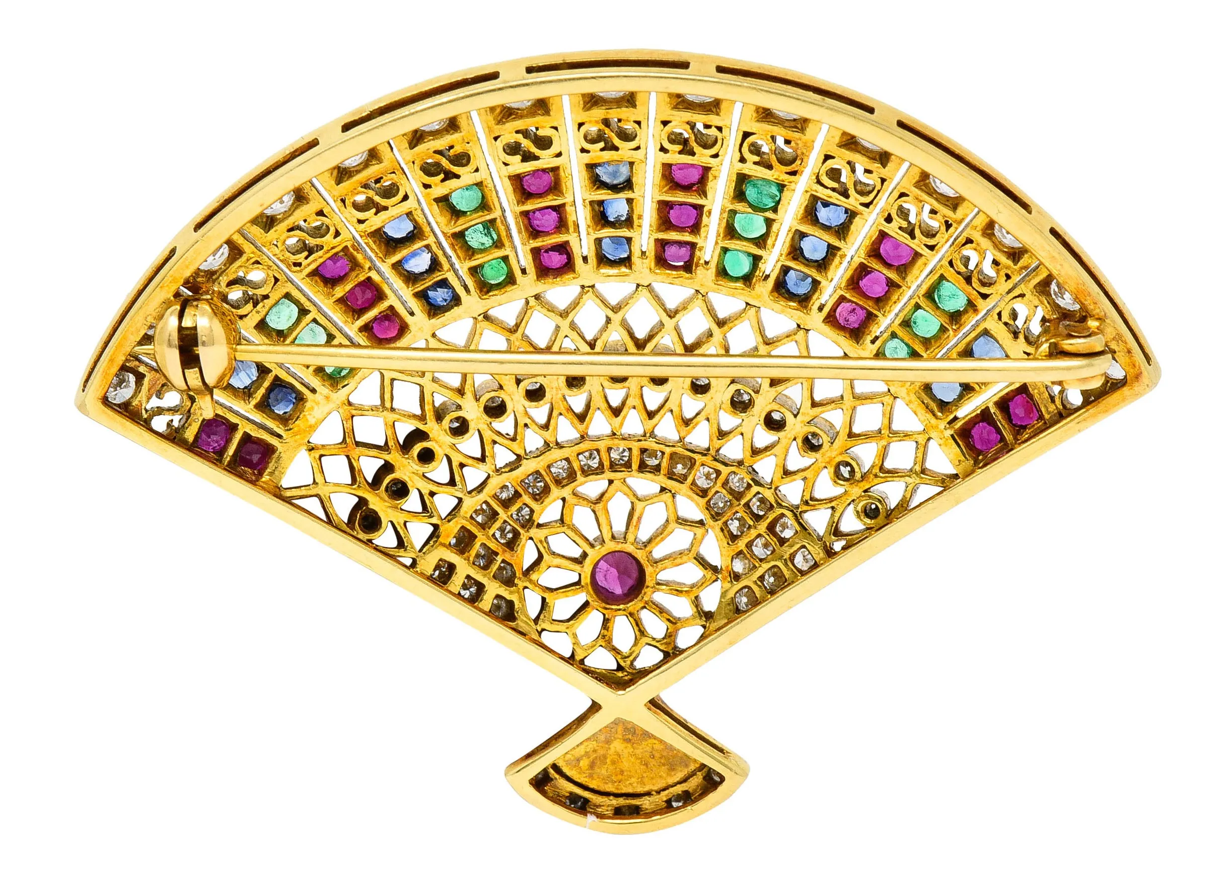 Vintage Gemstone 18kt Gold Fan Brooch