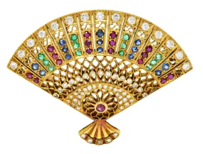 Vintage Gemstone 18kt Gold Fan Brooch