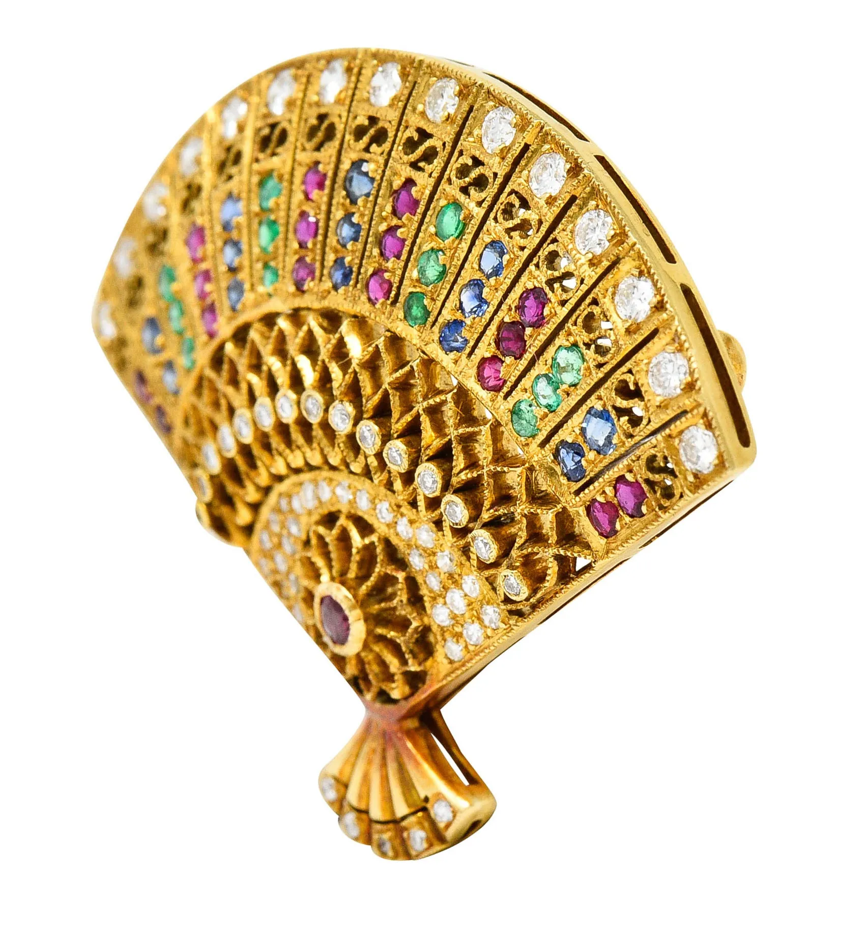 Vintage Gemstone 18kt Gold Fan Brooch