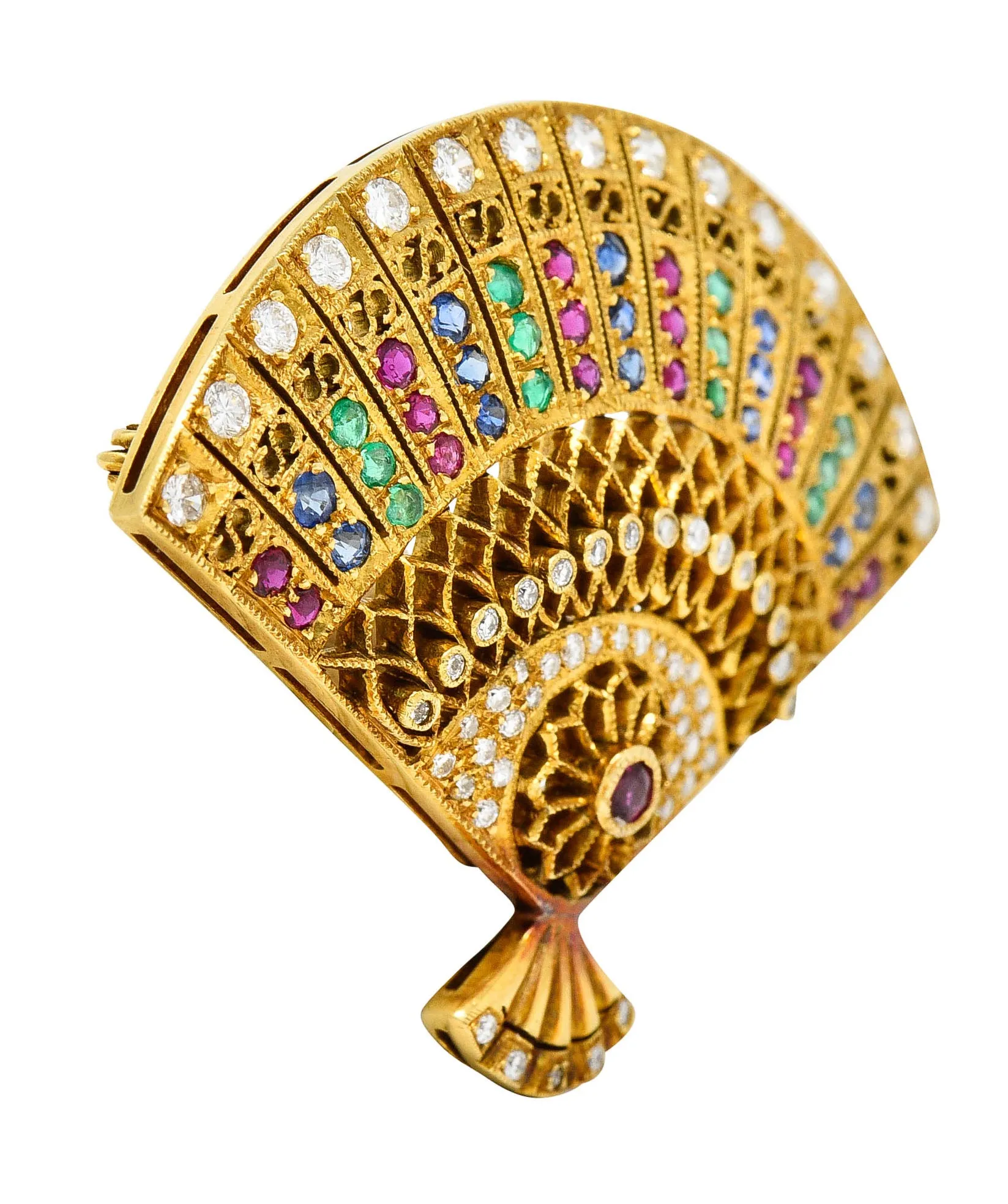 Vintage Gemstone 18kt Gold Fan Brooch