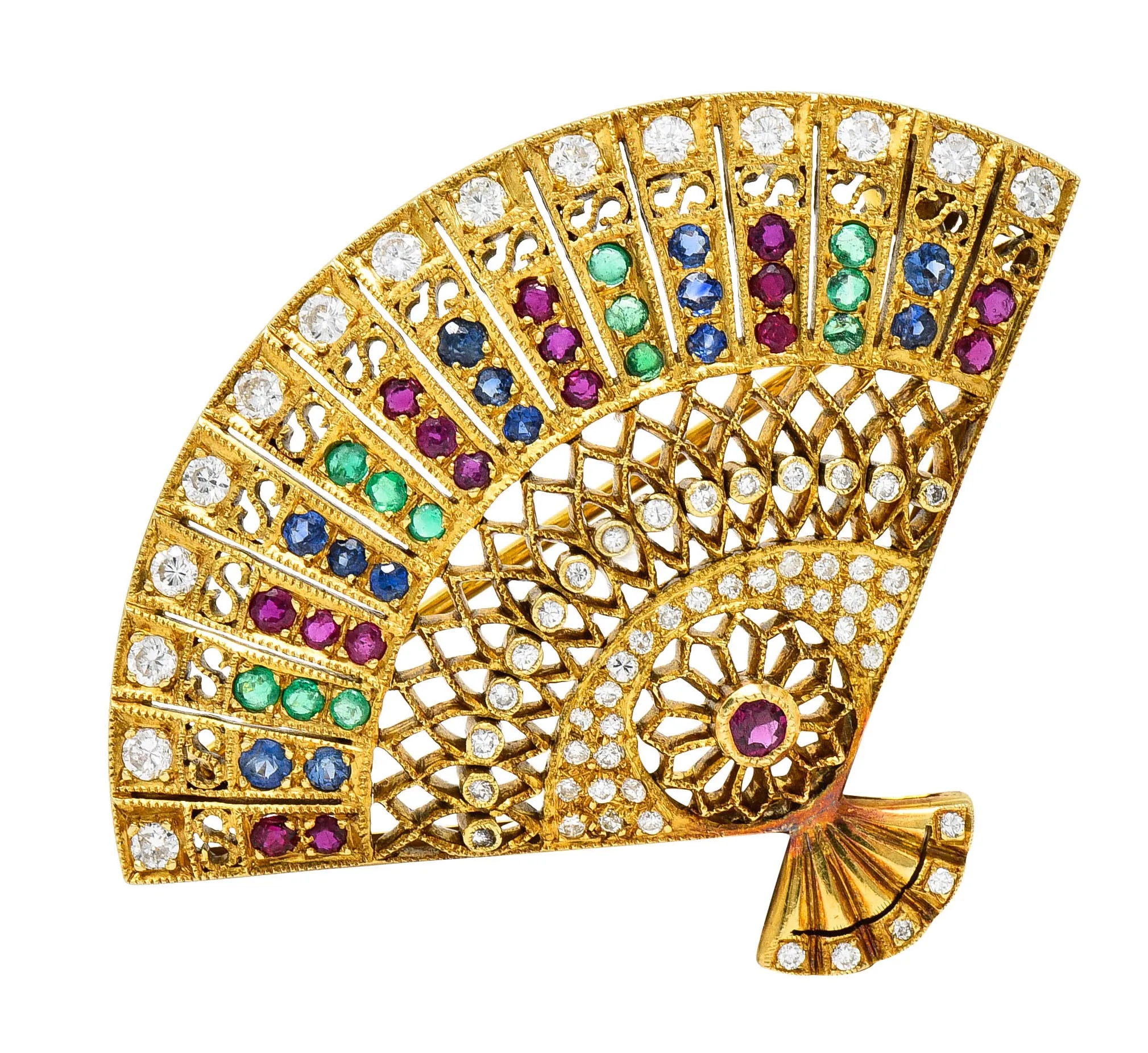 Vintage Gemstone 18kt Gold Fan Brooch