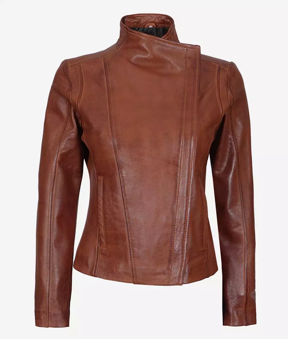 Women's Asymmetrical Cognac Leather Moto Jacket