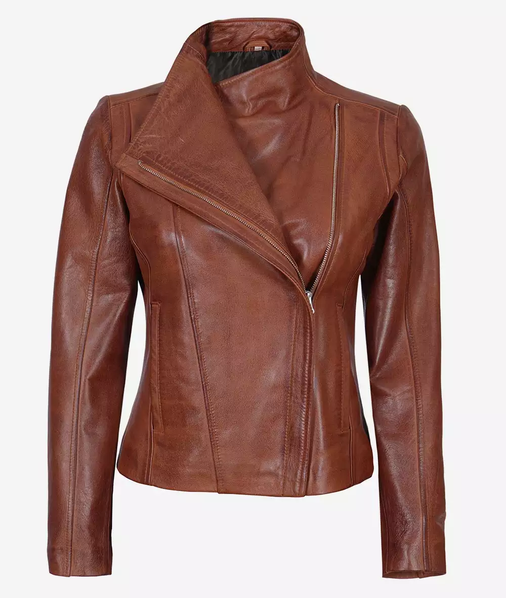 Women's Asymmetrical Cognac Leather Moto Jacket