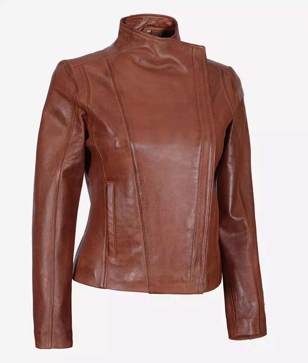 Women's Asymmetrical Cognac Leather Moto Jacket