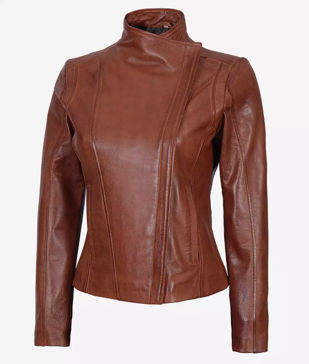 Women's Asymmetrical Cognac Leather Moto Jacket