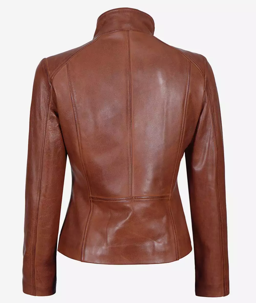 Women's Asymmetrical Cognac Leather Moto Jacket