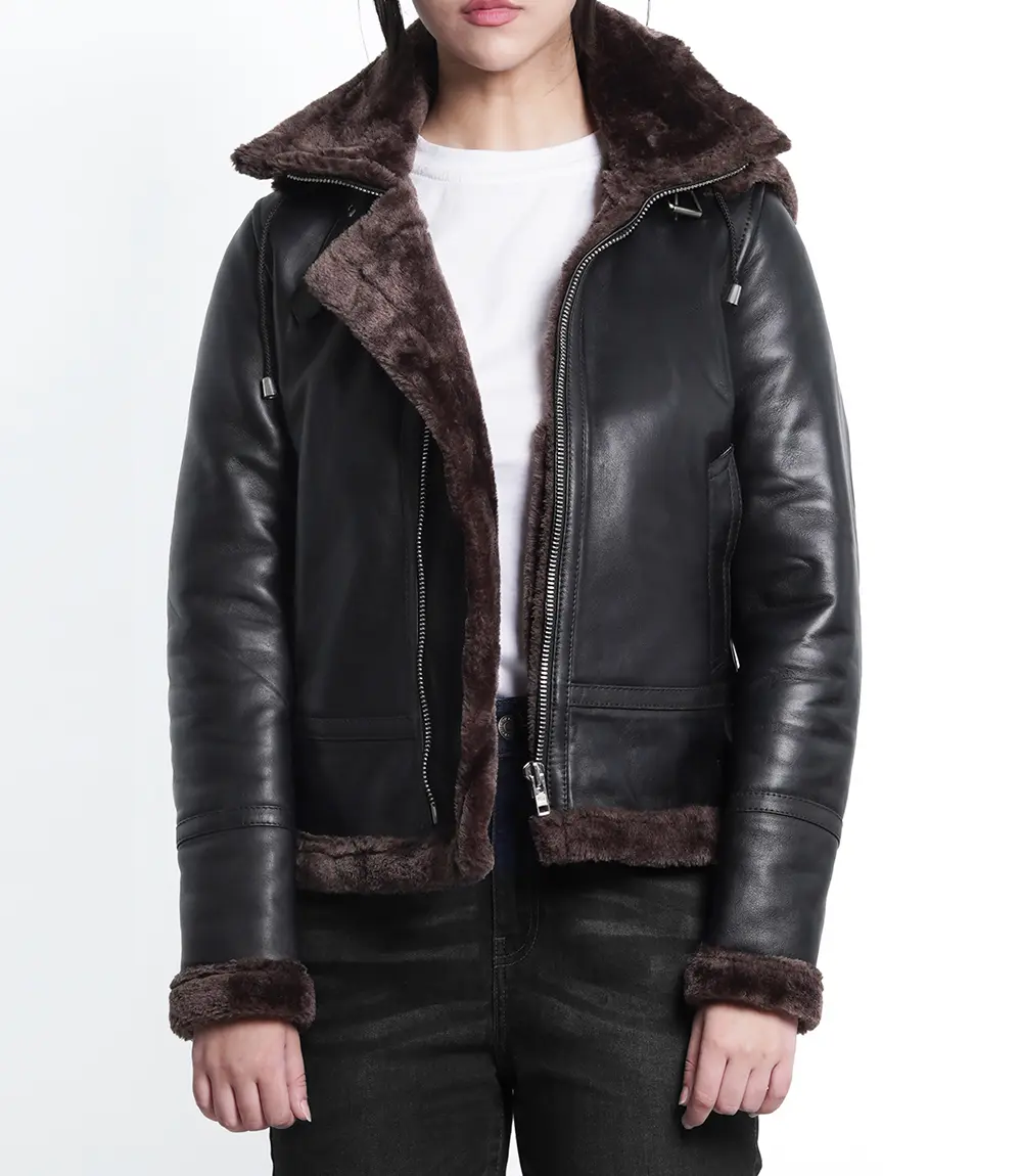 Women's Dark Brown B3 Bomber Aviator Shearling Leather Jacket