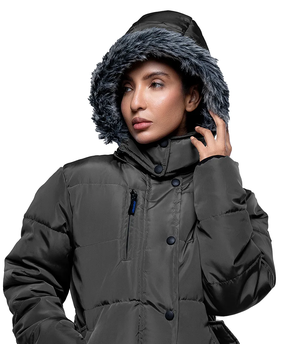 Women's Faux Fur Trim Hood Gray 3/4 Length Puffer Jacket