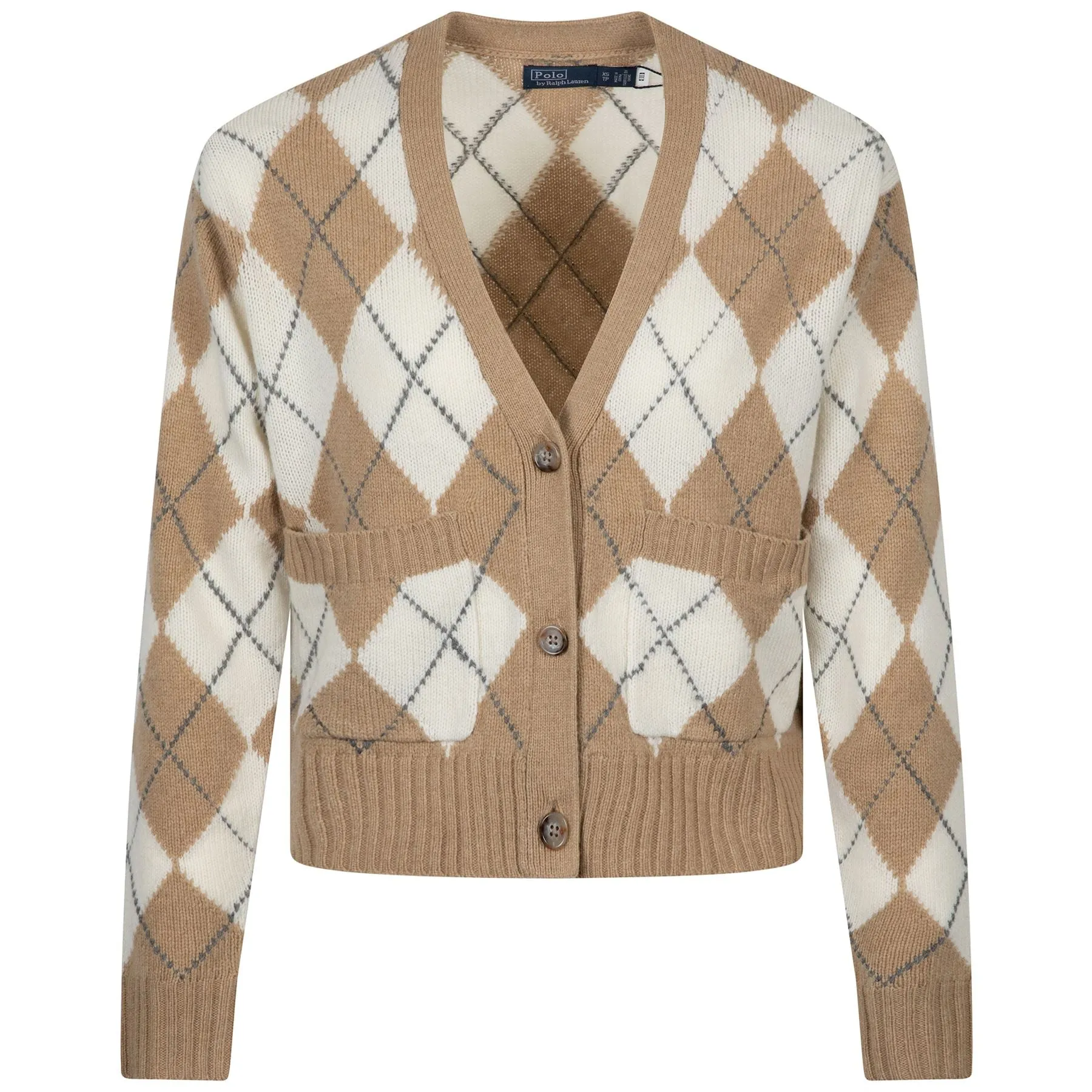 Women's Argyle Wool V-Neck Cardigan in Camel Multi - 2024