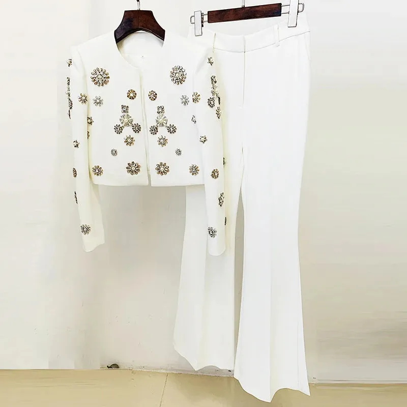 Women's Pearl Diamond Rhinestone Beaded Jacket Pants Set