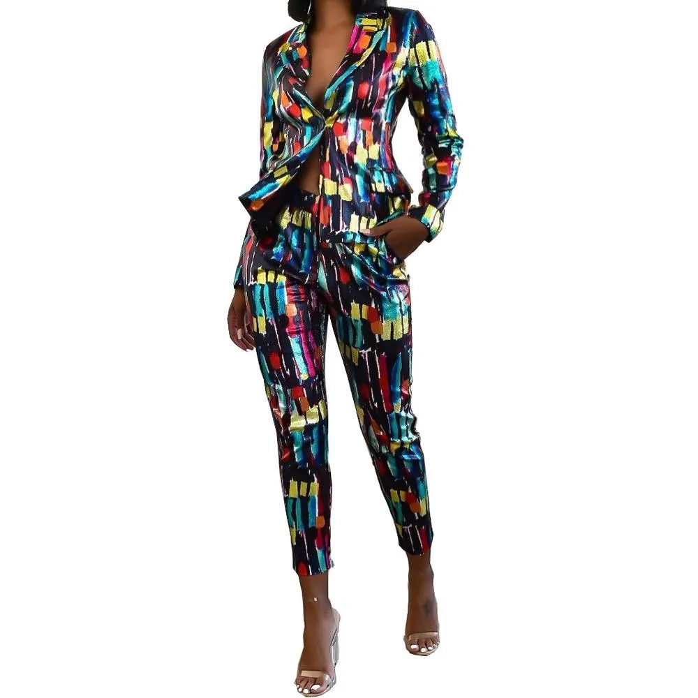 Women's Vibrant Print 2 Piece Blazer Jacket and Pencil Pants Set for Office