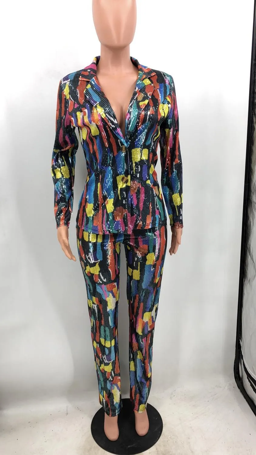 Women's Vibrant Print 2 Piece Blazer Jacket and Pencil Pants Set for Office