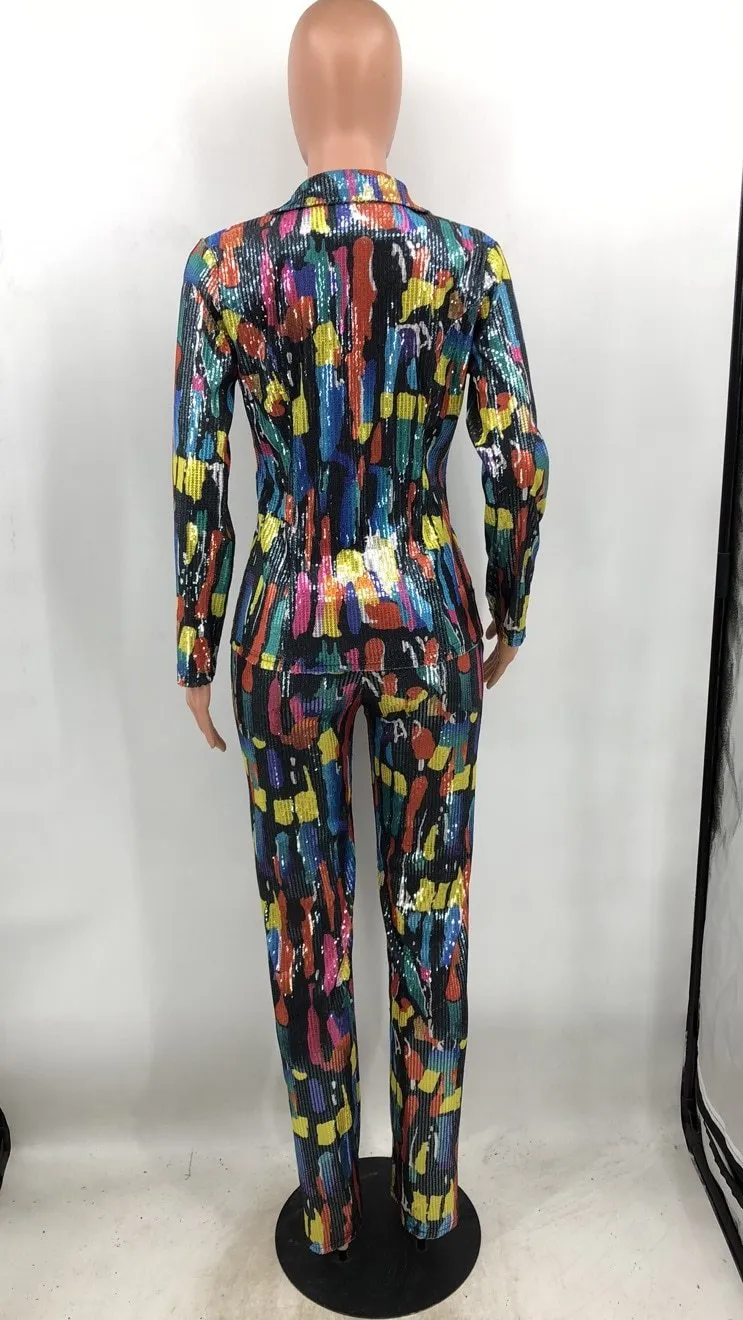 Women's Vibrant Print 2 Piece Blazer Jacket and Pencil Pants Set for Office