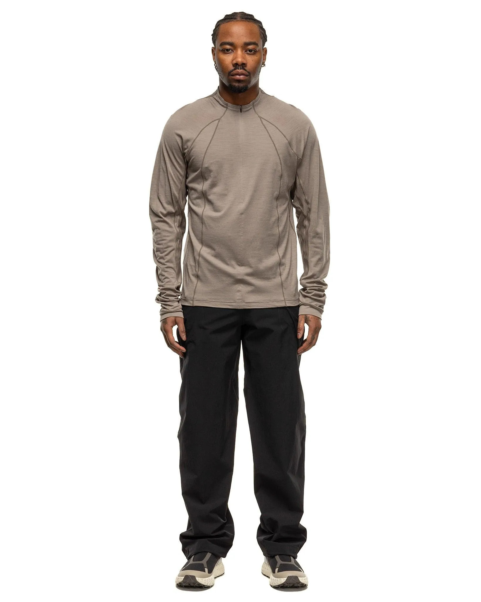 Wool Half Zip Long Sleeve T-Shirt - Grey Beige