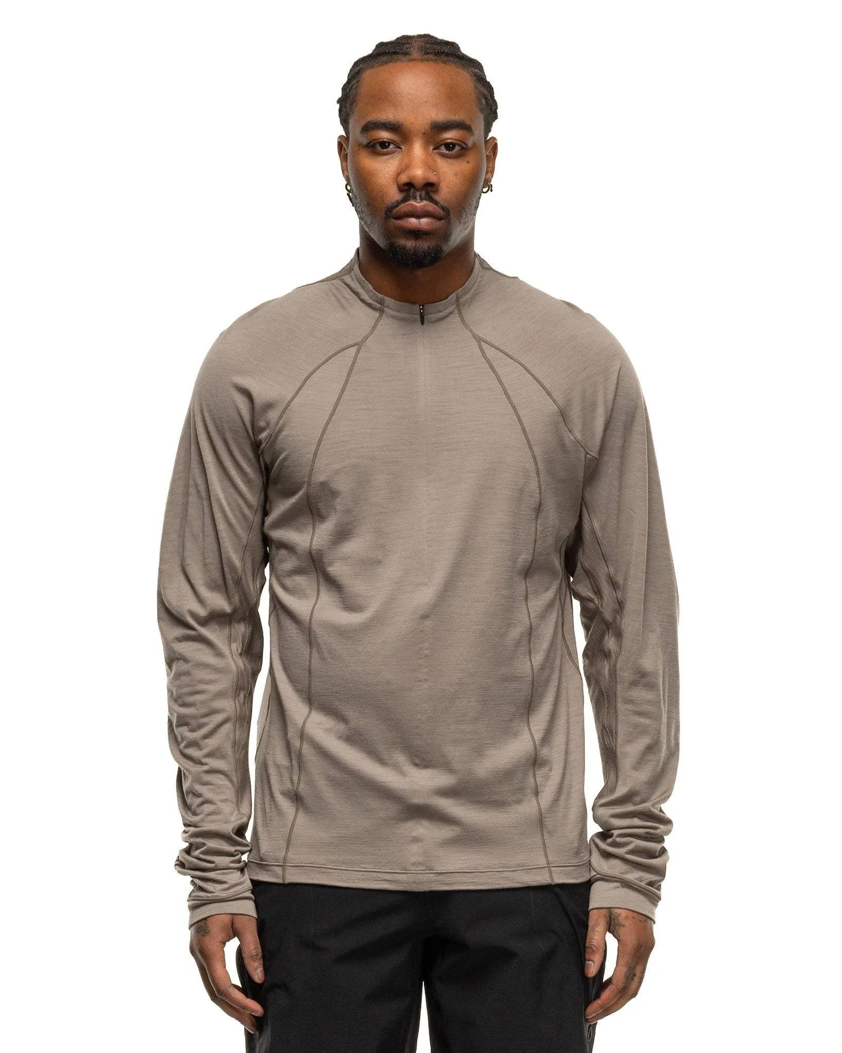 Wool Half Zip Long Sleeve T-Shirt - Grey Beige