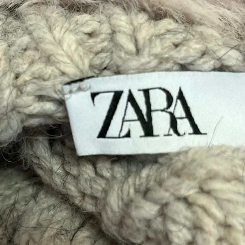 ZARA Gray Faux Fur Collar Cable Knit Long Sleeve Cropped Cardigan Sweater Sz S